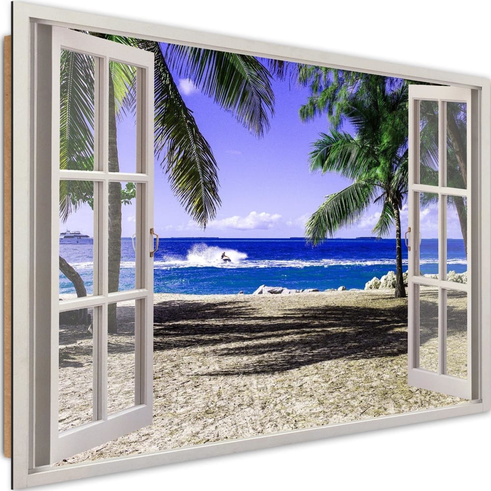 Tableau bois plage et palmiers 120 x 80 cm