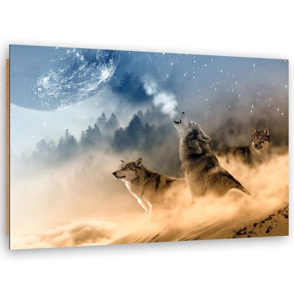 Tableau bois hurlant des loups 120 x 80 cm