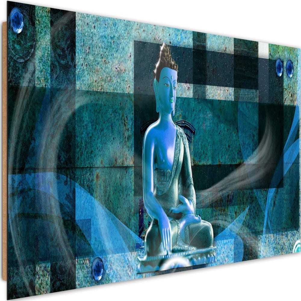 Tableau bois sur fond géométrique bouddha 3 120 x 80 cm