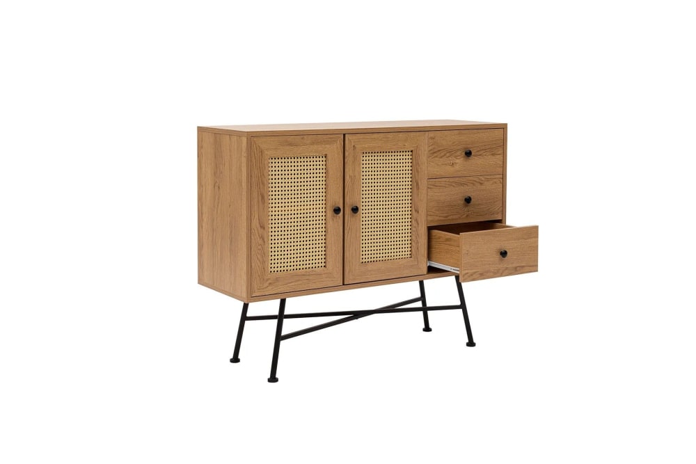 Buffet 2 portes 3 tiroirs 120x40x90 cm décor cannage et chêne Buffet 2 portes 3 tiroirs 120x40x90 cm décor cannage et chêne
