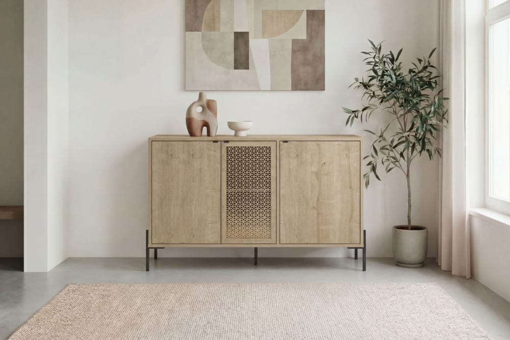 Buffet 3 portes 125cm en mélamine chêne clair