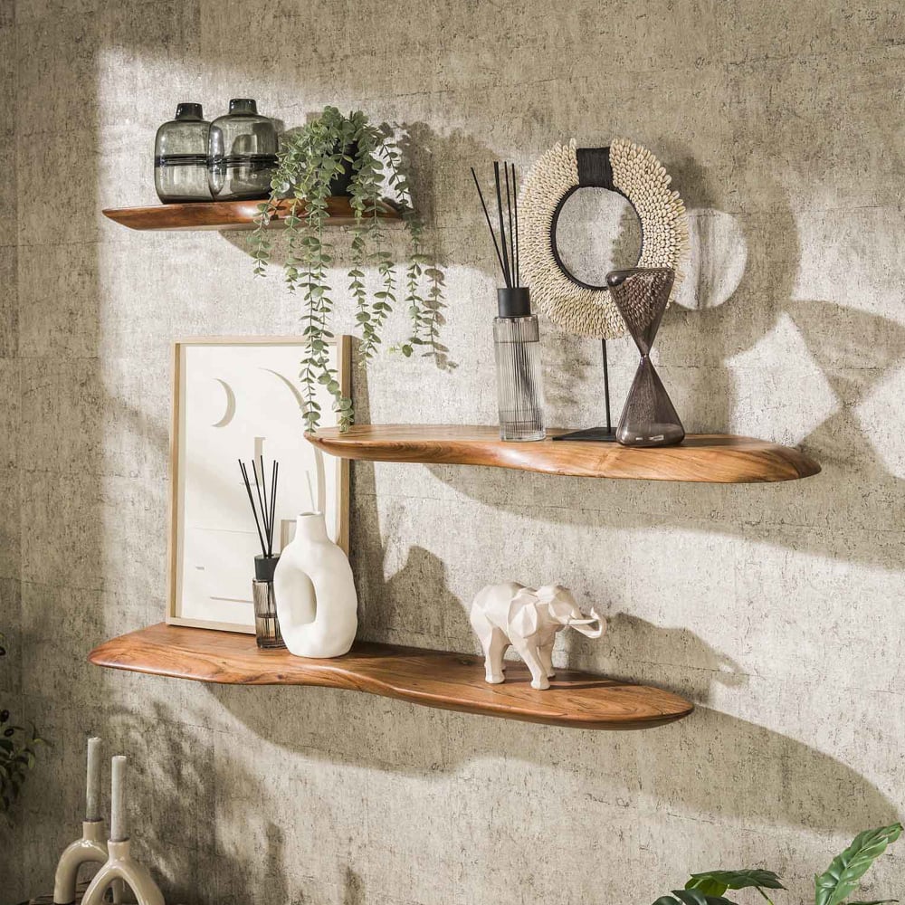 Lot de 3 étagères murales 60, 90 et 120 cm en bois d'acacia - aiki