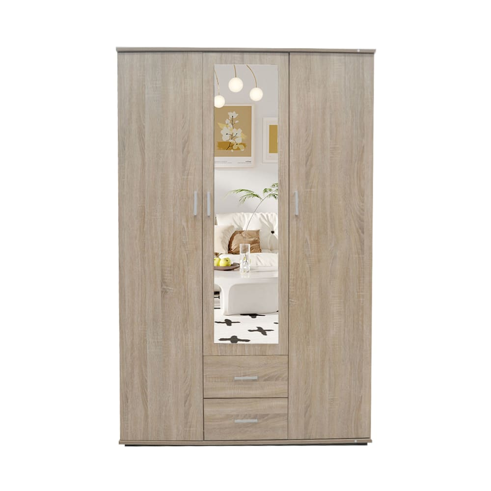 Armoire 3 portes 2 tiroirs 1 miroir 120x52x185 cm décor chêne