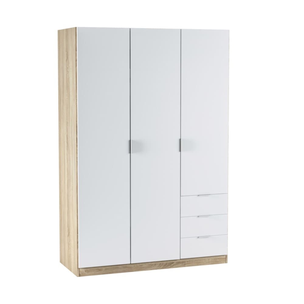 Armoire 3 portes 3 tiroirs 121x52x180 cm blanc et naturel