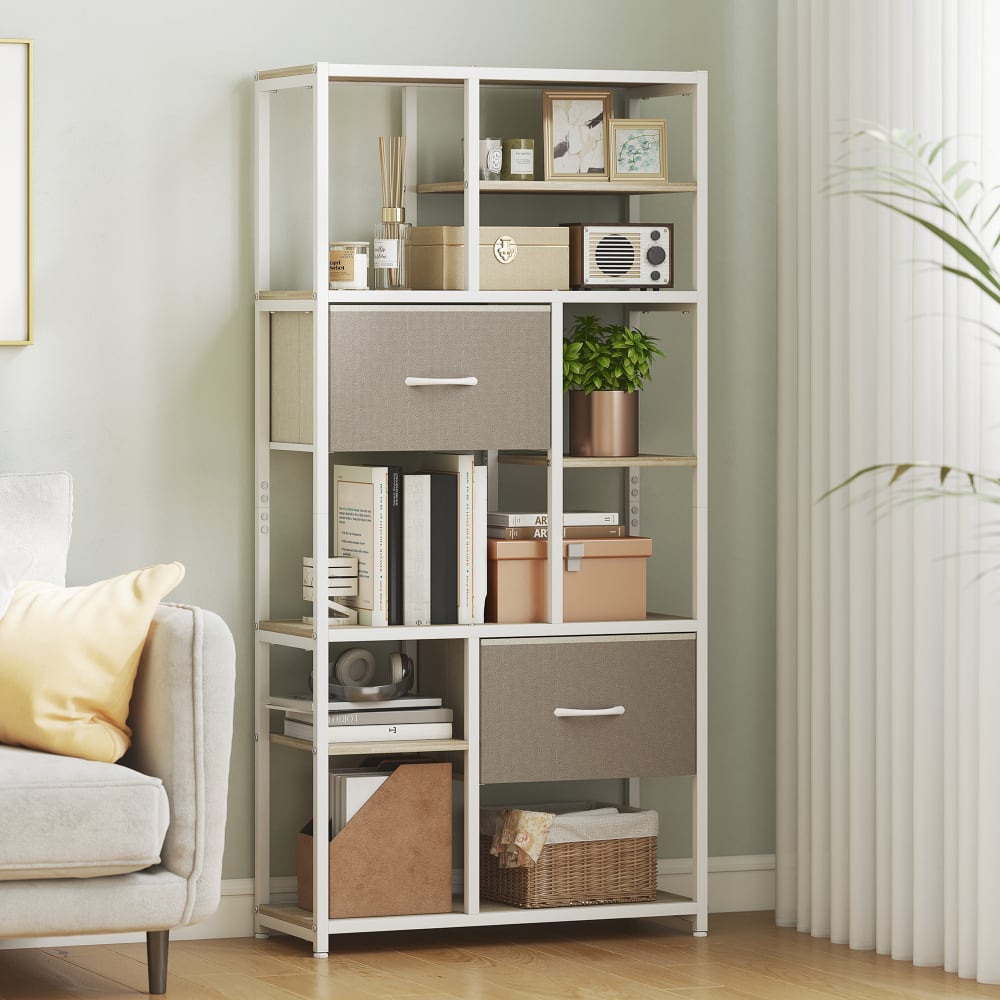 Étagère de rangement 6 niveaux 2 tiroirs en tissu cadre en acier blanc