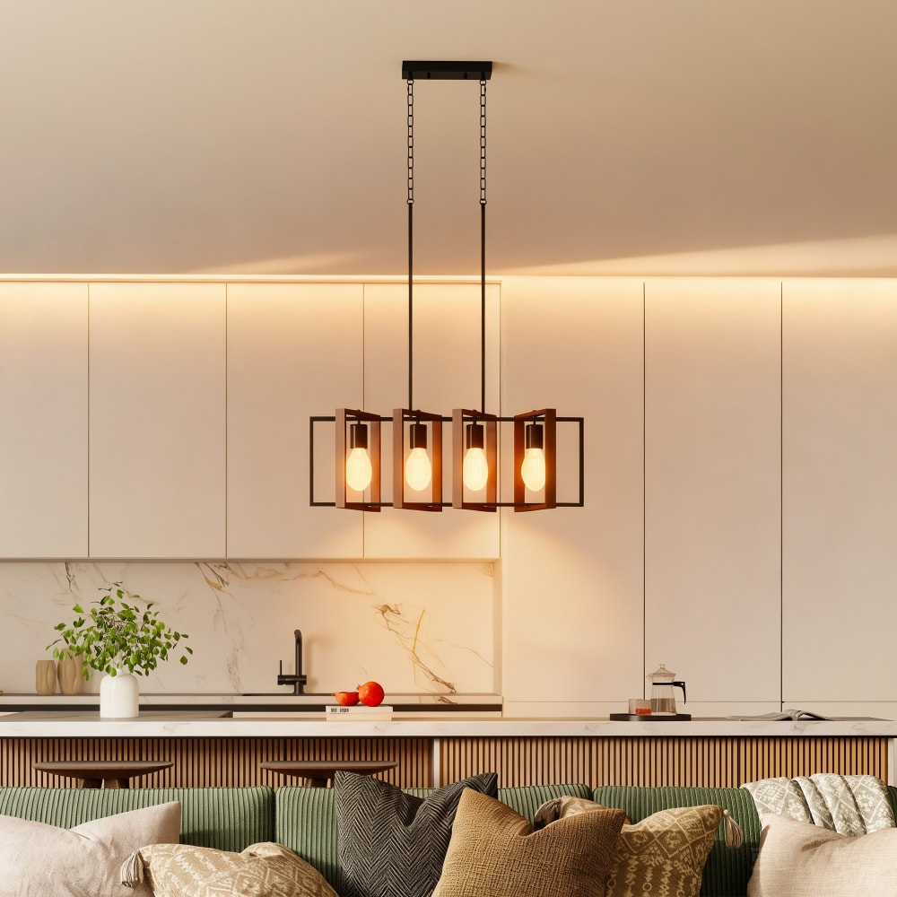 Suspension luminaire 4 cadres rotatifs acier et bois noyer — vue 3