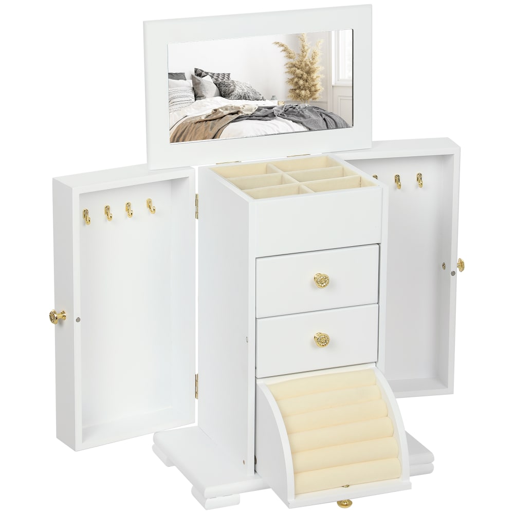 Homcom Boîte à bijoux femme 4 niveaux avec ailes miroir 2 tiroirs bois blanc style vintage Weiß Holz
