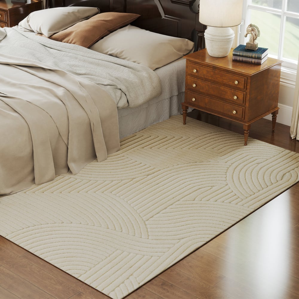Tapis salon à poils épais géométrique antidérapant polyester crème — vue 3