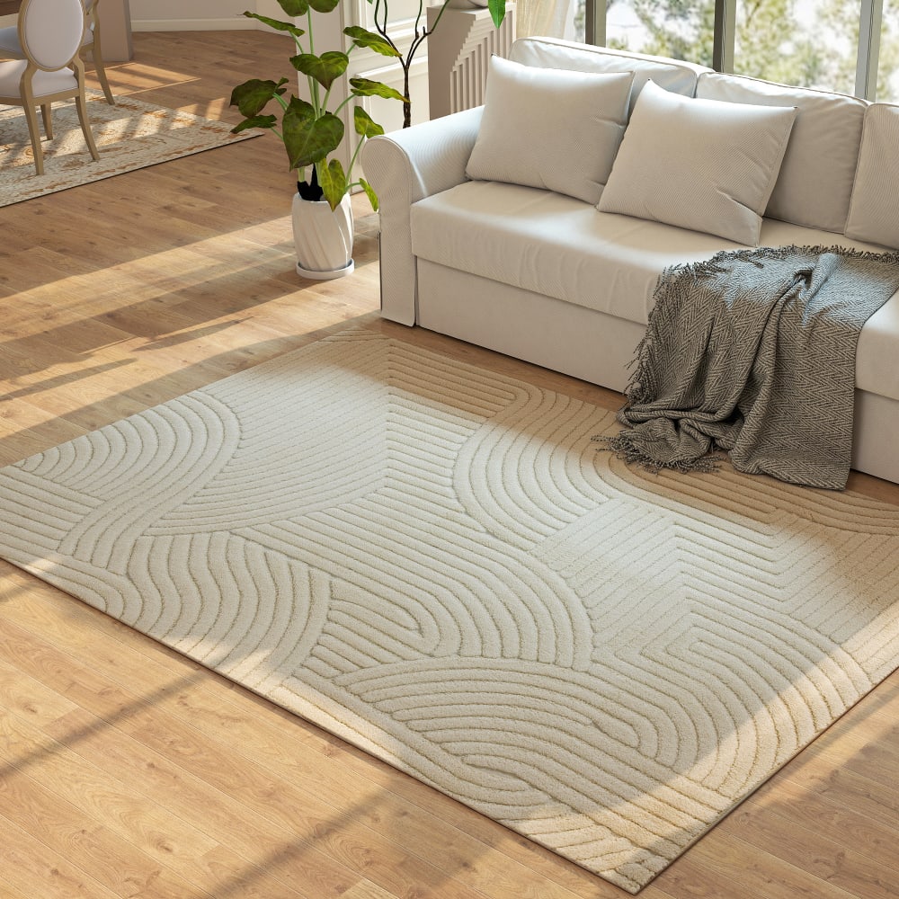 Tapis salon à poils épais géométrique antidérapant polyester crème — vue 4