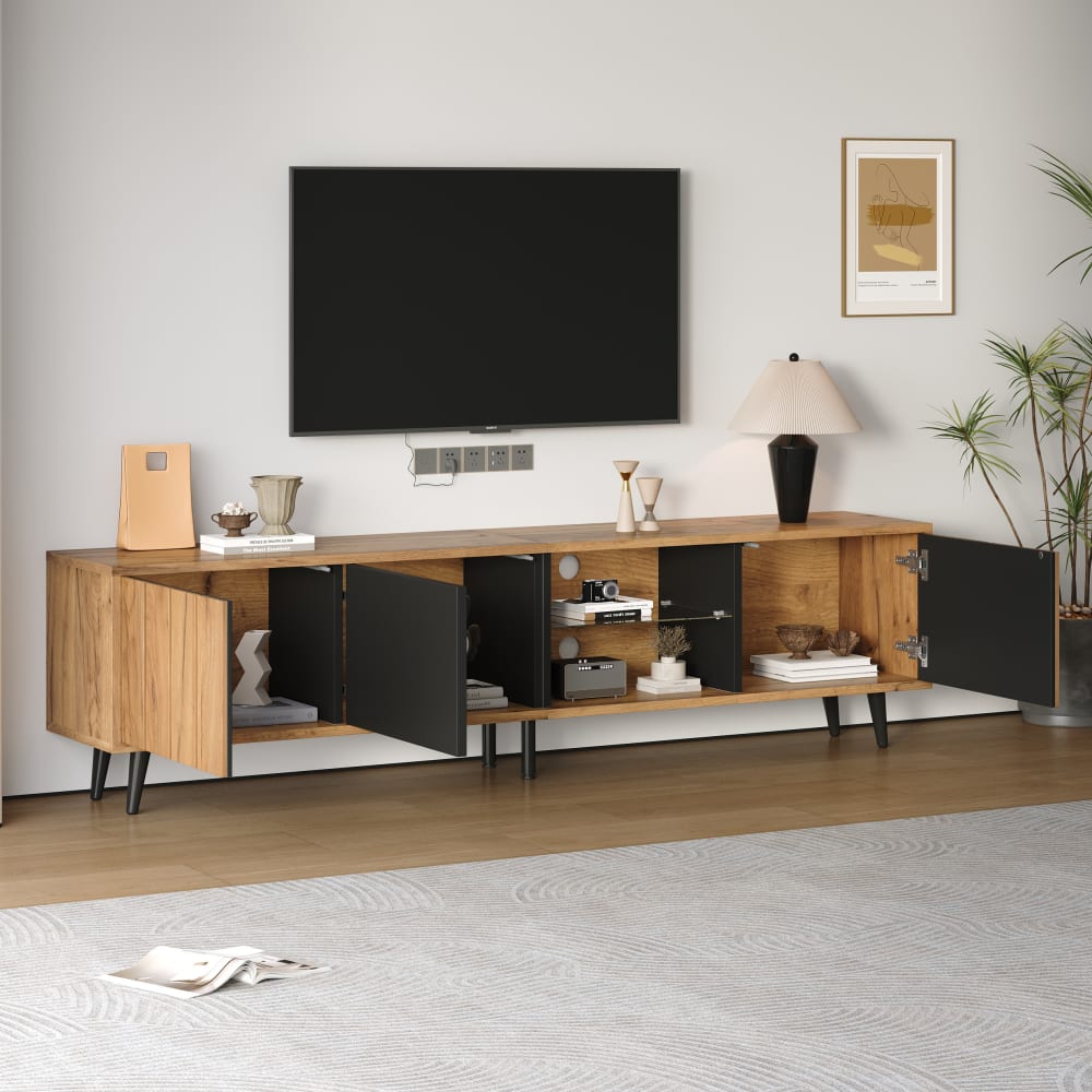 TV-Lowboard mit 3 Türen und Glasregal 175 cm, Natur/Schwarz -