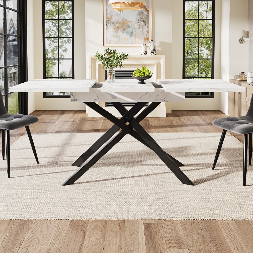 Ausziehbarer Esstisch 120-160x80 cm Metall, Weiß+Schwarz -