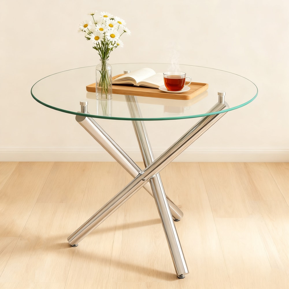 Runder Esstisch Glas Metallbeine für 2-4 Personen 80 cm, Silber -