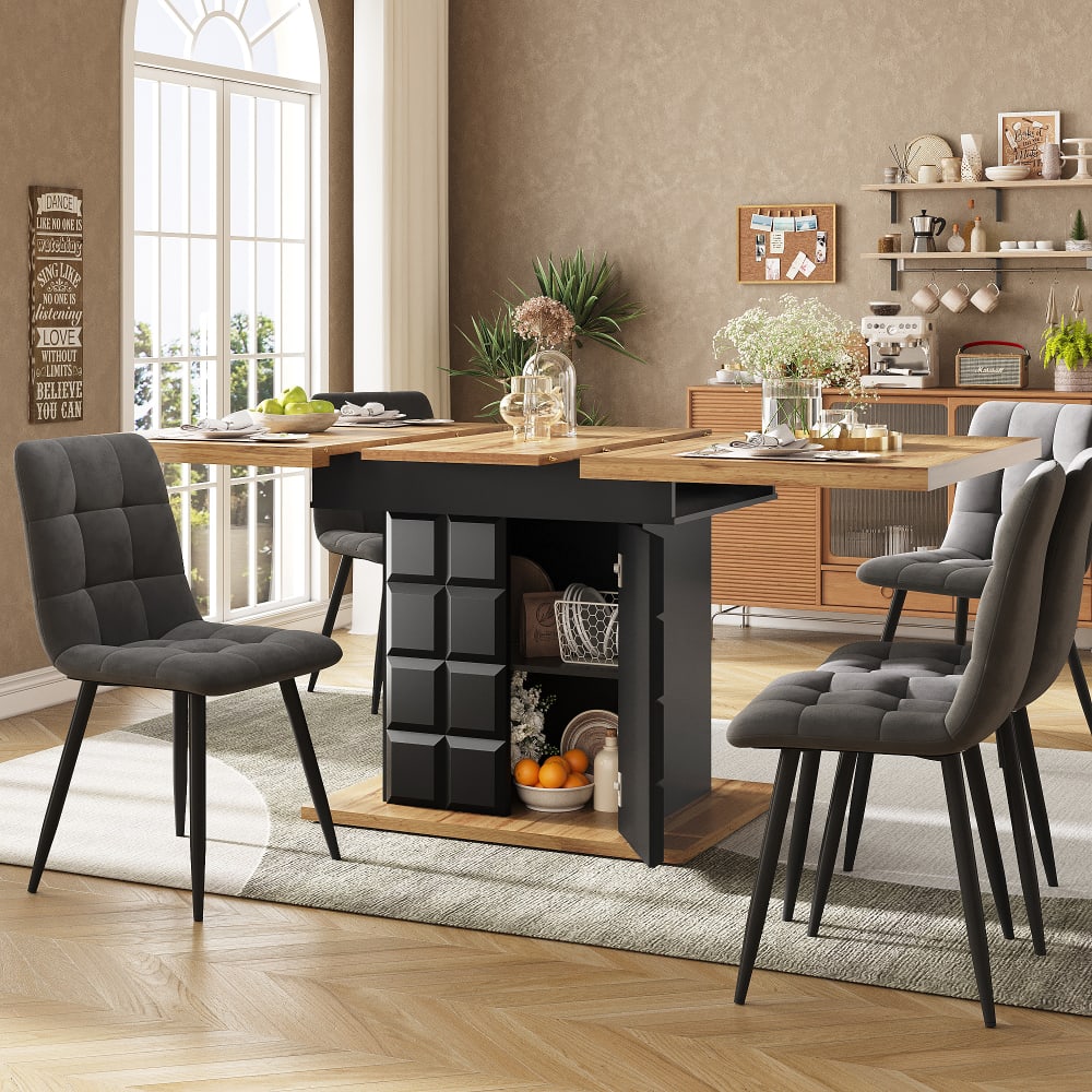 Ausziehtisch mit Stauraum und Regal, 110-140×80cm, Schwarz/Natur