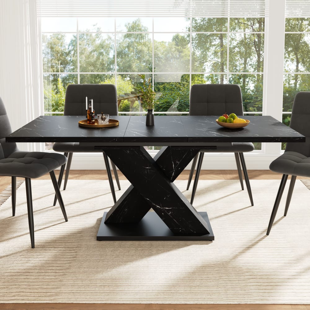 MODFU Ausziehbarer Esstisch mit X-Gestell Marmoroptik 119/159x80 cm Schwarz style modern Schwarz Spanplatte