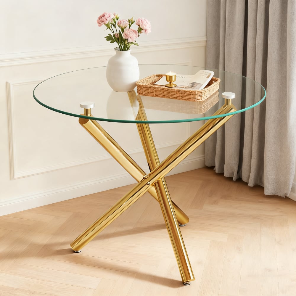 Runder Esstisch aus Glas mit Metallbeinen 80x80x76 cm Gold -