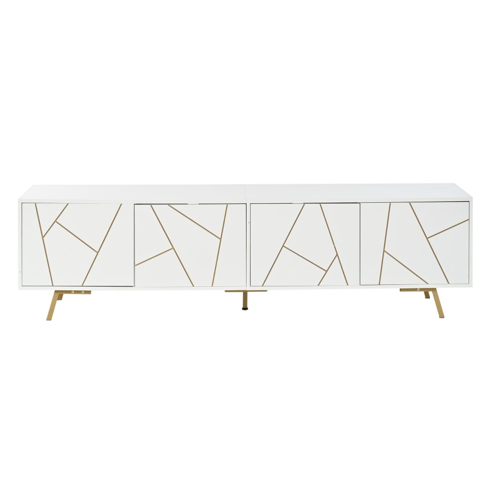 Meuble tv bas à 4 portes et 5 pieds en métal, 190 cm, blanc et or