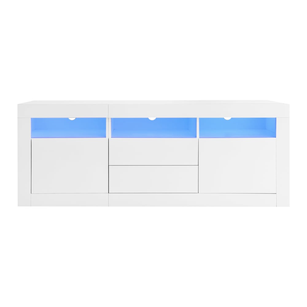Meuble tv avec éclairage led, 2 portes et 2 tiroirs, 160 cm, blanc