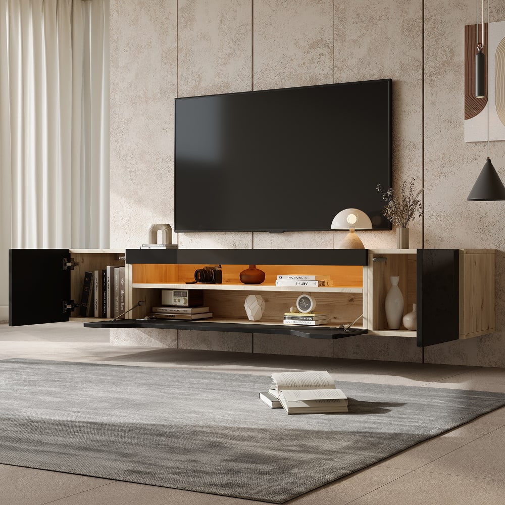 MODFU Hänge-TV-Schrank mit LED und 3 Fächern 180 cm Schwarz+Natur style modern Schwarz Spanplatte