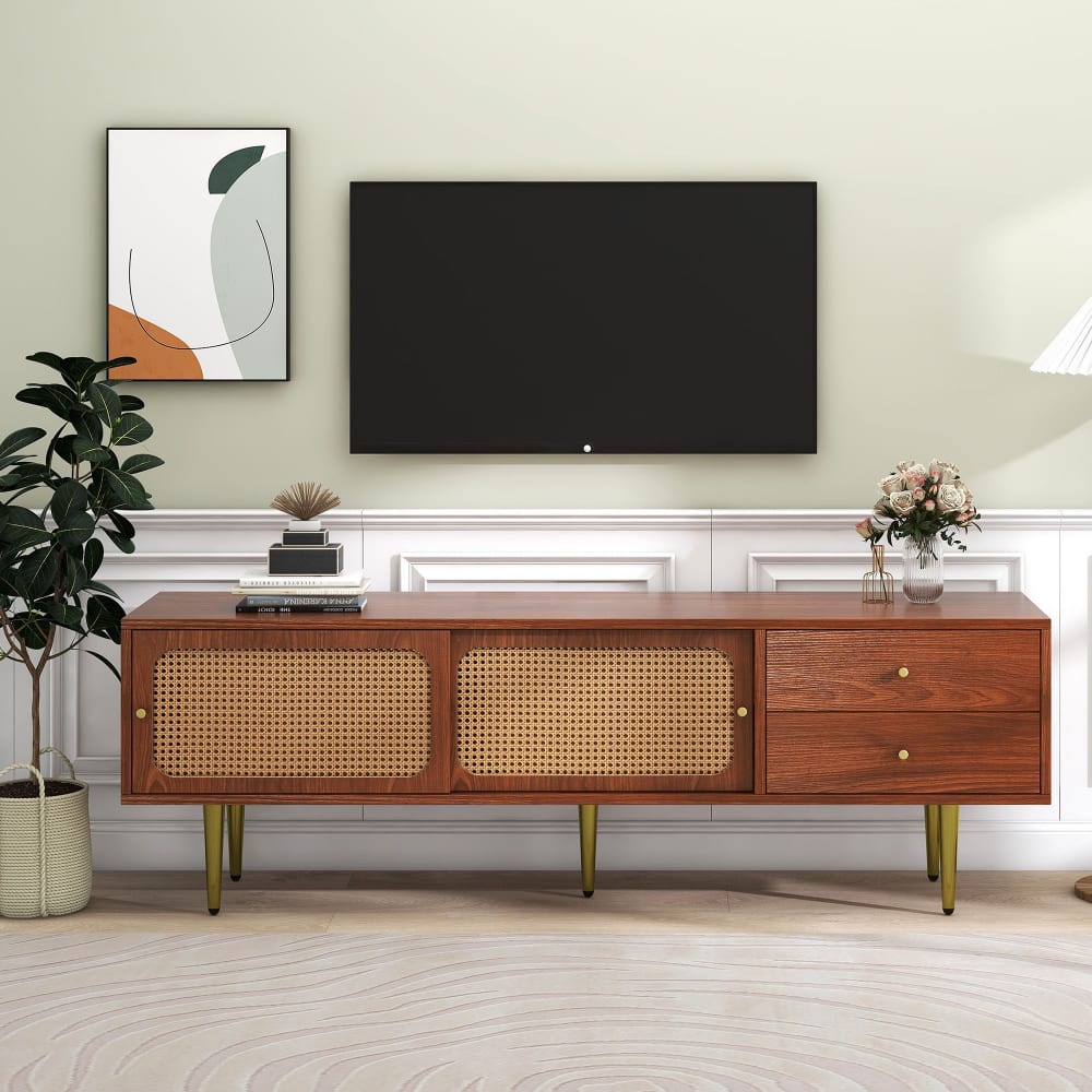Meuble tv 160cm bois noyer avec 2 tiroirs et 2 portes coulissantes