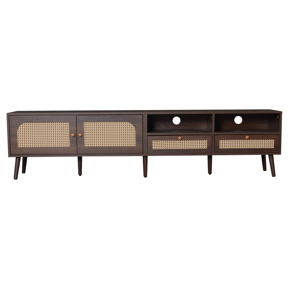 Meuble tv avec 2 portes en rotin et 2 tiroirs, 200 cm, marron