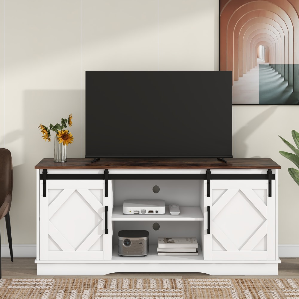 TV-Schrank mit Schiebetüren und Regalen 150 cm Braun Weiß -