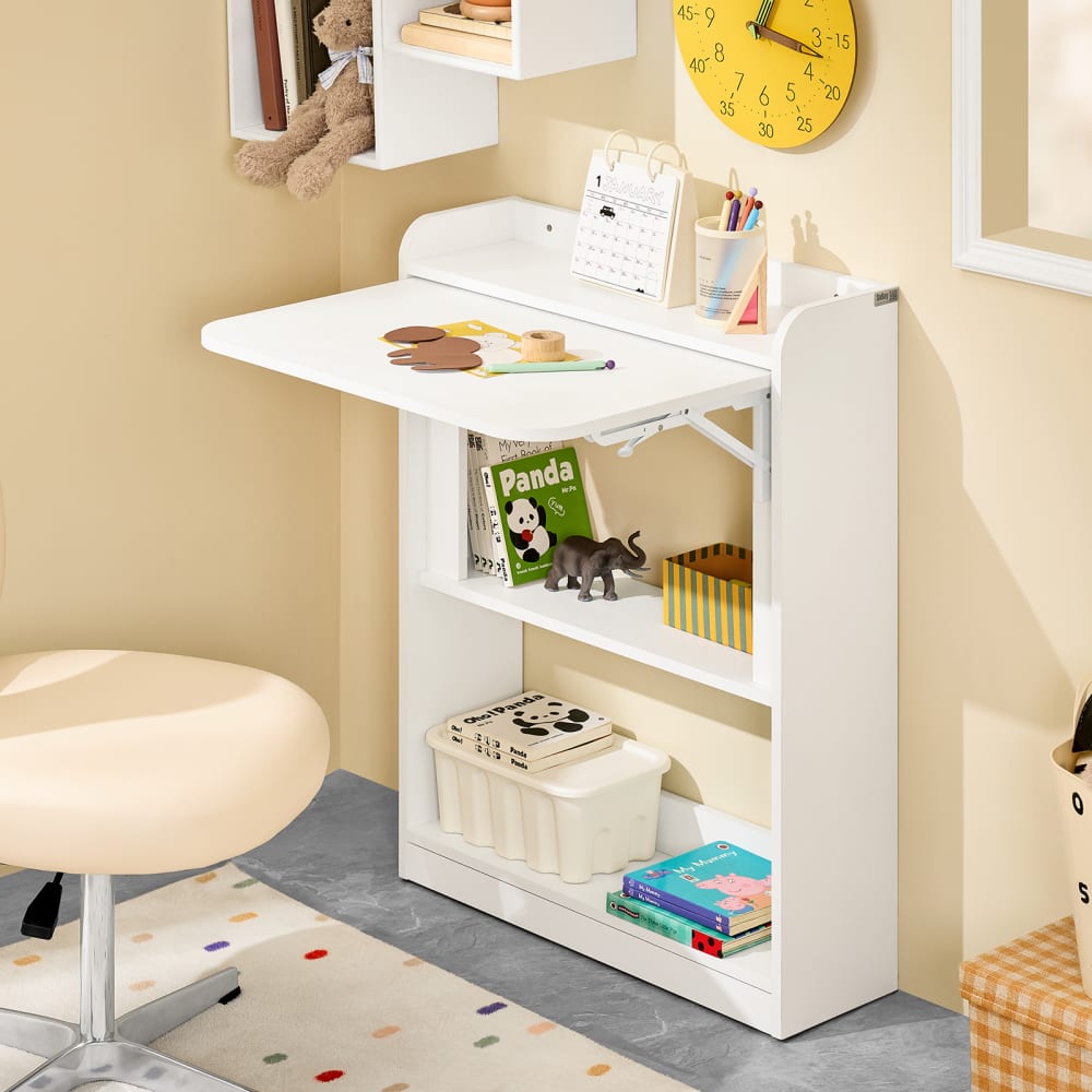 Bureau pliable blanc gain de place avec étagère 64x58x82 cm