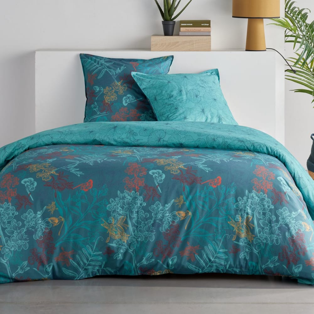 Parure de lit imprimé Floral  140x200cm Bleu