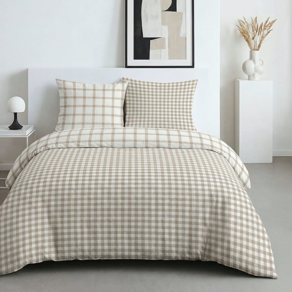 Parure de lit imprimé A carreaux  240x220cm Beige