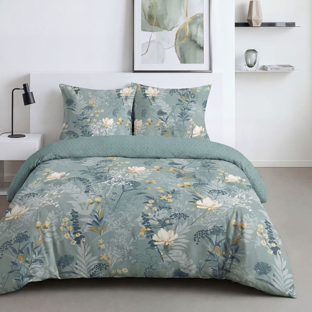 Parure de lit imprimé Floral  240x220cm Bleu