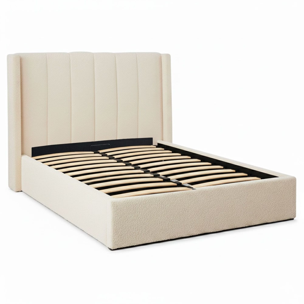 Lit double avec sommier relevable 140x190cm tissu bouclette crème
