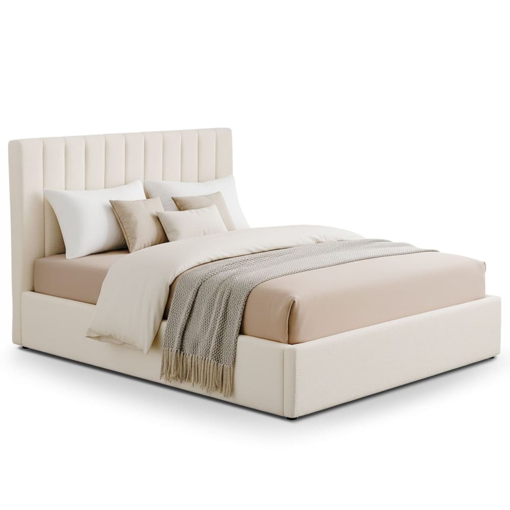 Lit coffre + sommier tissu bouclette beige 180cm