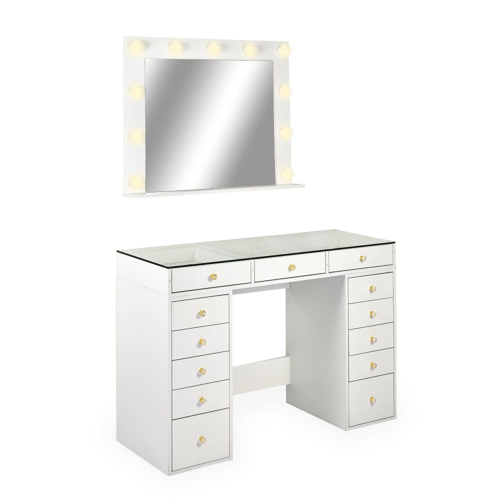 Coiffeuse moderne 13 tiroirs avec miroir lumineux et plateau en verre
