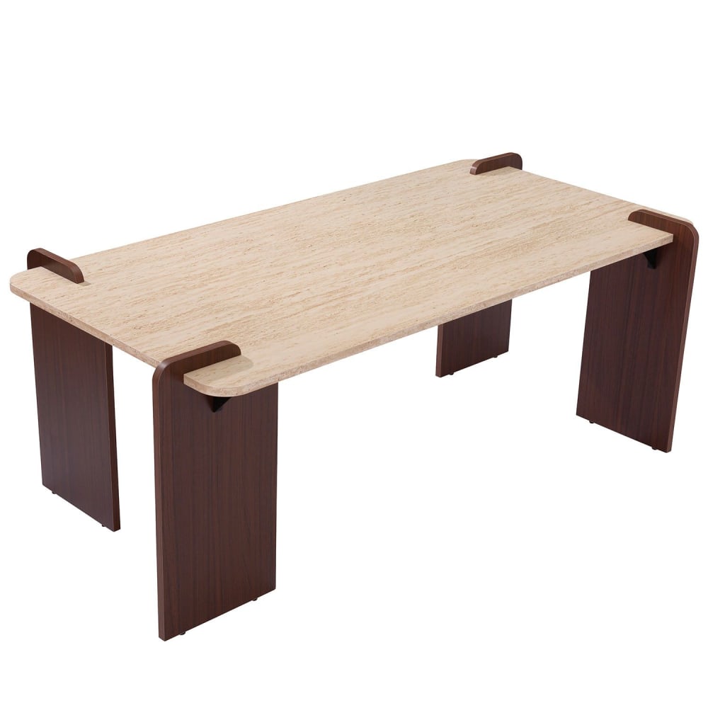 Table basse au design art déco 60x120cm effet travertin beige et bois