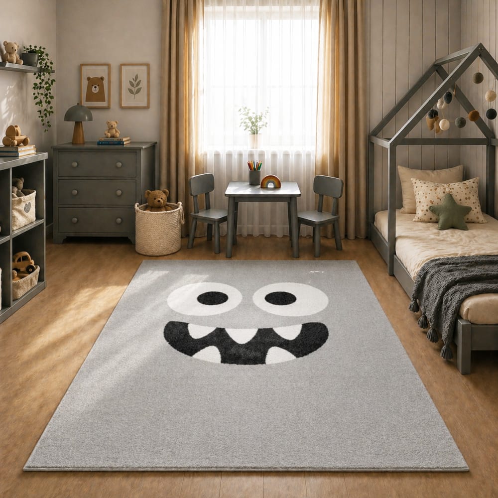 Teppich Kinder Monster-Motiv, grau, 140 x 200 cm - Maisons Du