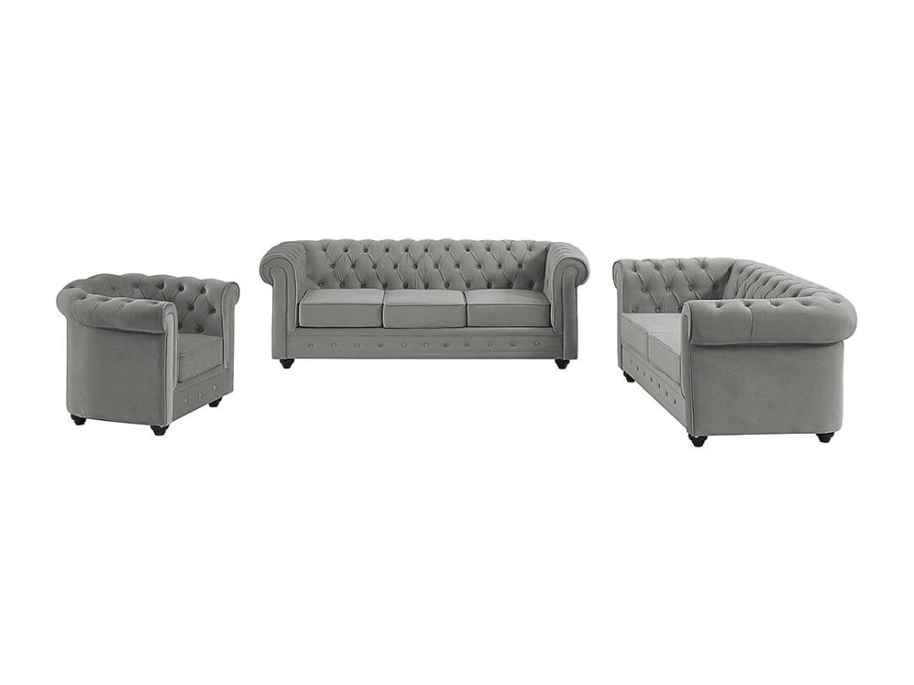 Ensemble canapé fauteuil fixe velours 6 places gris clair