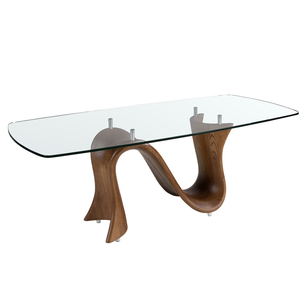 Table à manger ovale en forme de tonneau en verre trempé et noyer