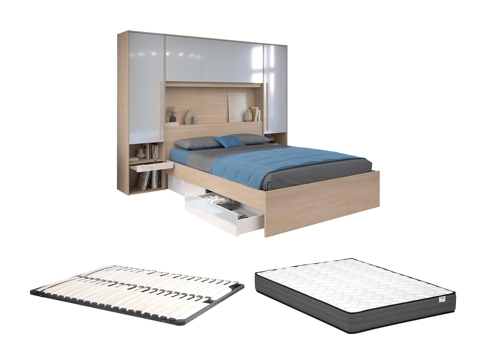 Cadre de lit effet bois , blanc 140 x 190 cm