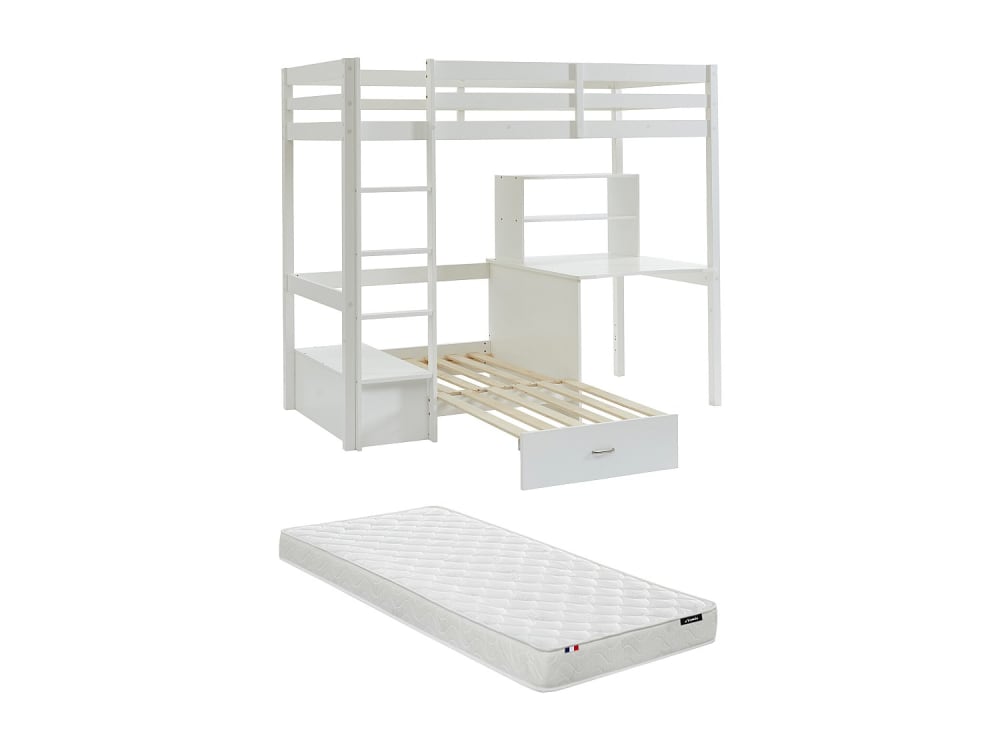 Lit mezzanine pin blanc 90 x 200 cm