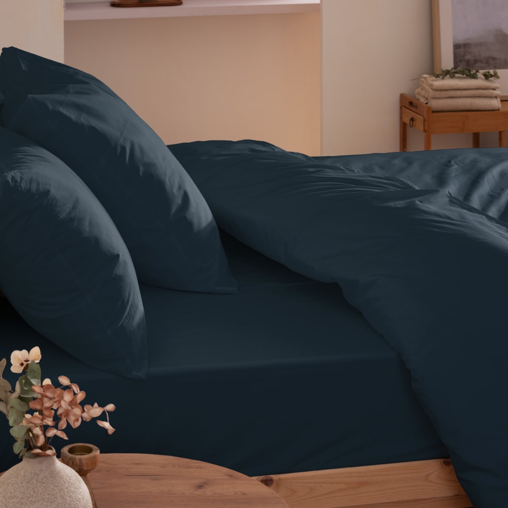 Drap housse coton 200 fils bleu pétrole lit 200x200 cm — vue 3