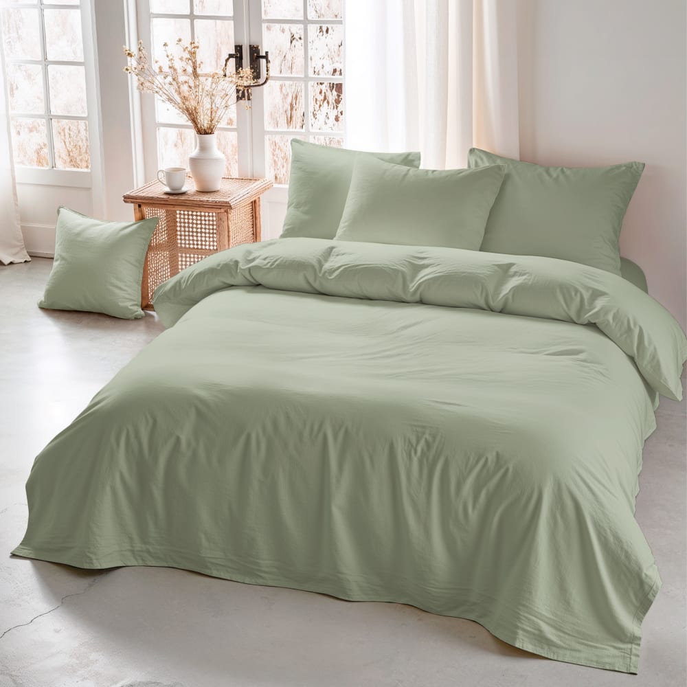 Housse de couette coton 200 fils vert sauge lit 200x200 cm Housse de couette coton 200 fils vert sauge lit 200x200 cm