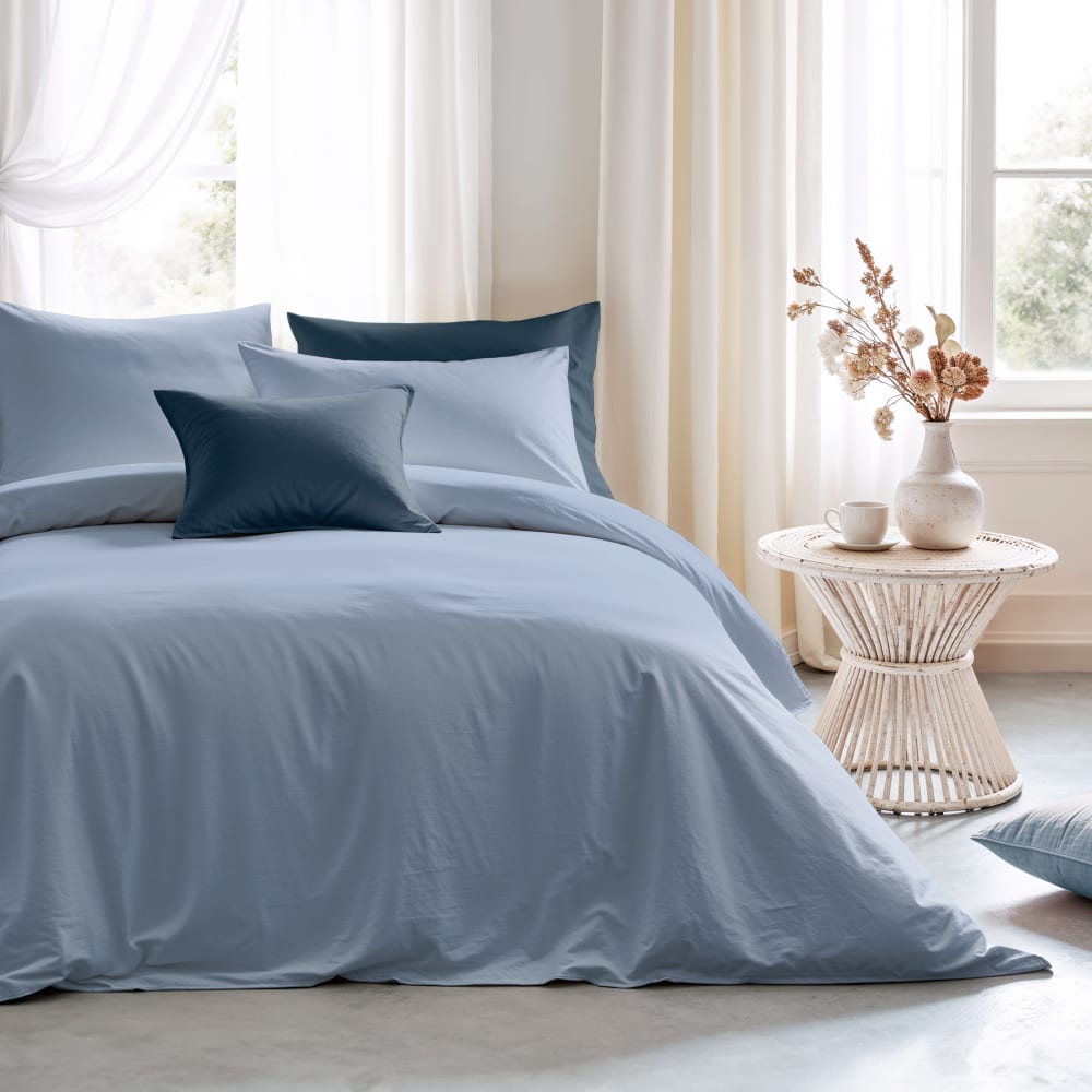 Housse de couette coton 200 fils bleu lit 240x220 cm