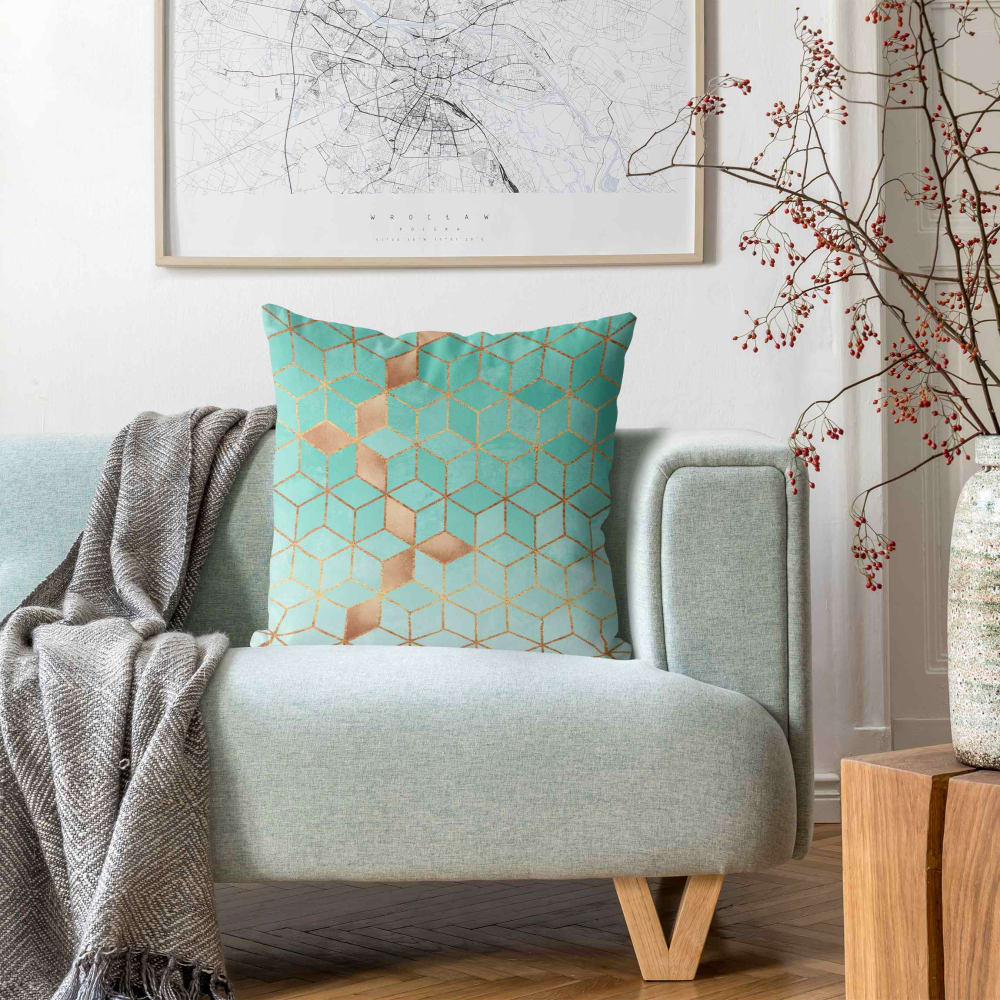 Dekokissen Goldene Geometrie aus Polyester, türkisgrün 40 x 40 cm