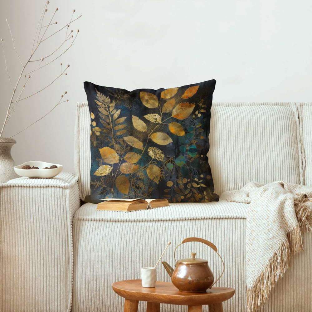 Dekokissen Goldene blaue Blätter, Polyester-Velours, gold 40 x 40