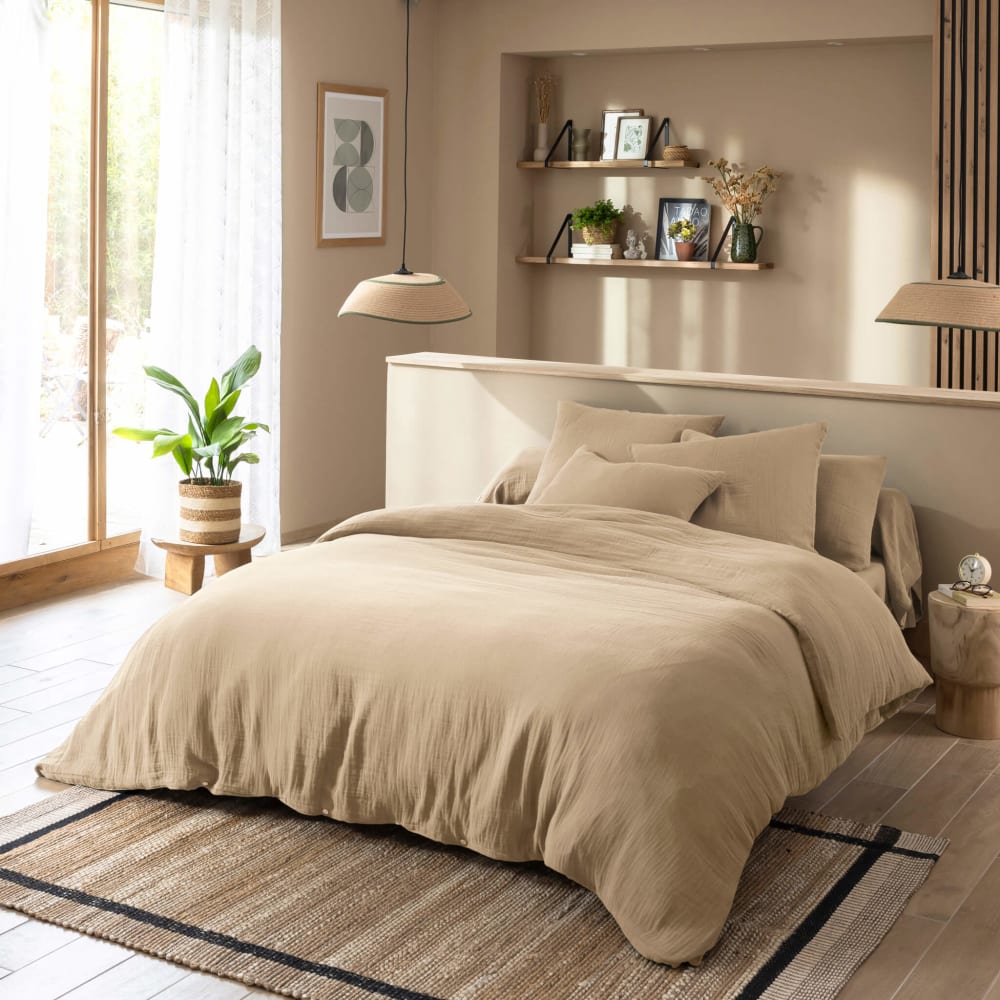 Housse de couette gaze de coton beige 140x200 cm
