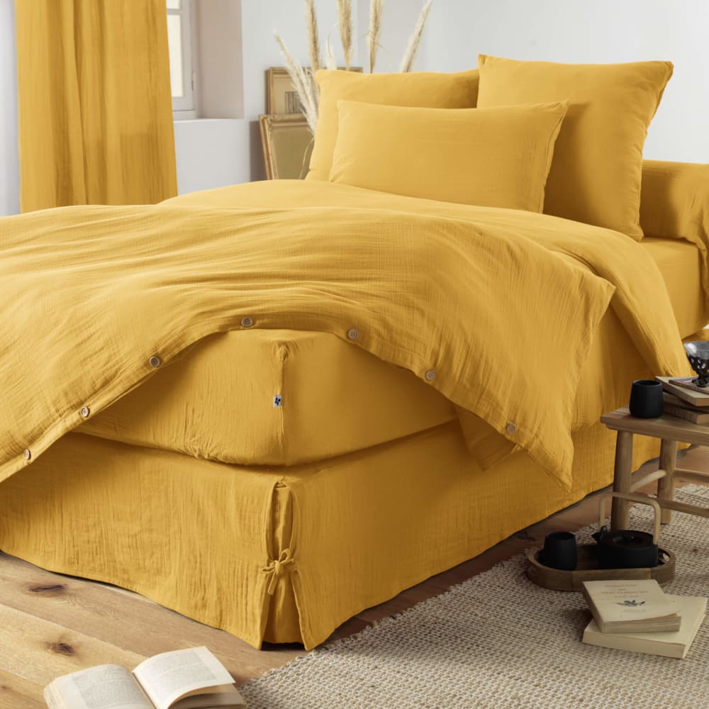 Housse de couette double gaze de coton jaune 140x200