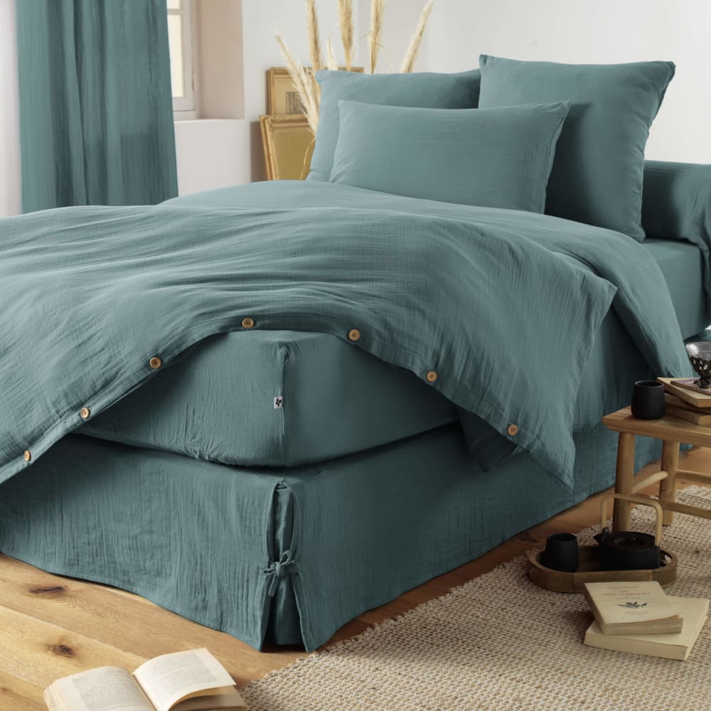 Housse de couette double gaze de coton bleu canard 140x200