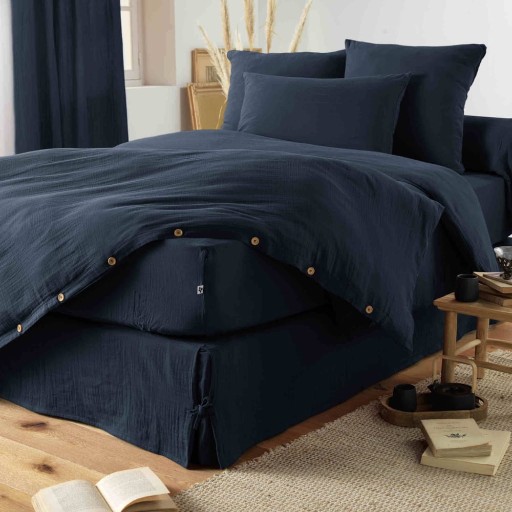 Housse de couette double gaze de coton bleu marine 240x220