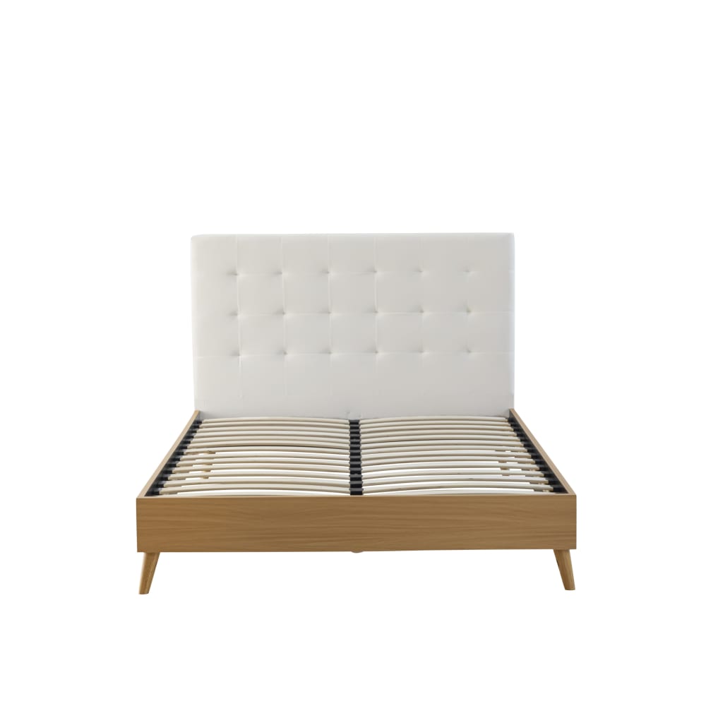 Lit 160x200 avec sommier et tête de lit capitonnée en velours beige