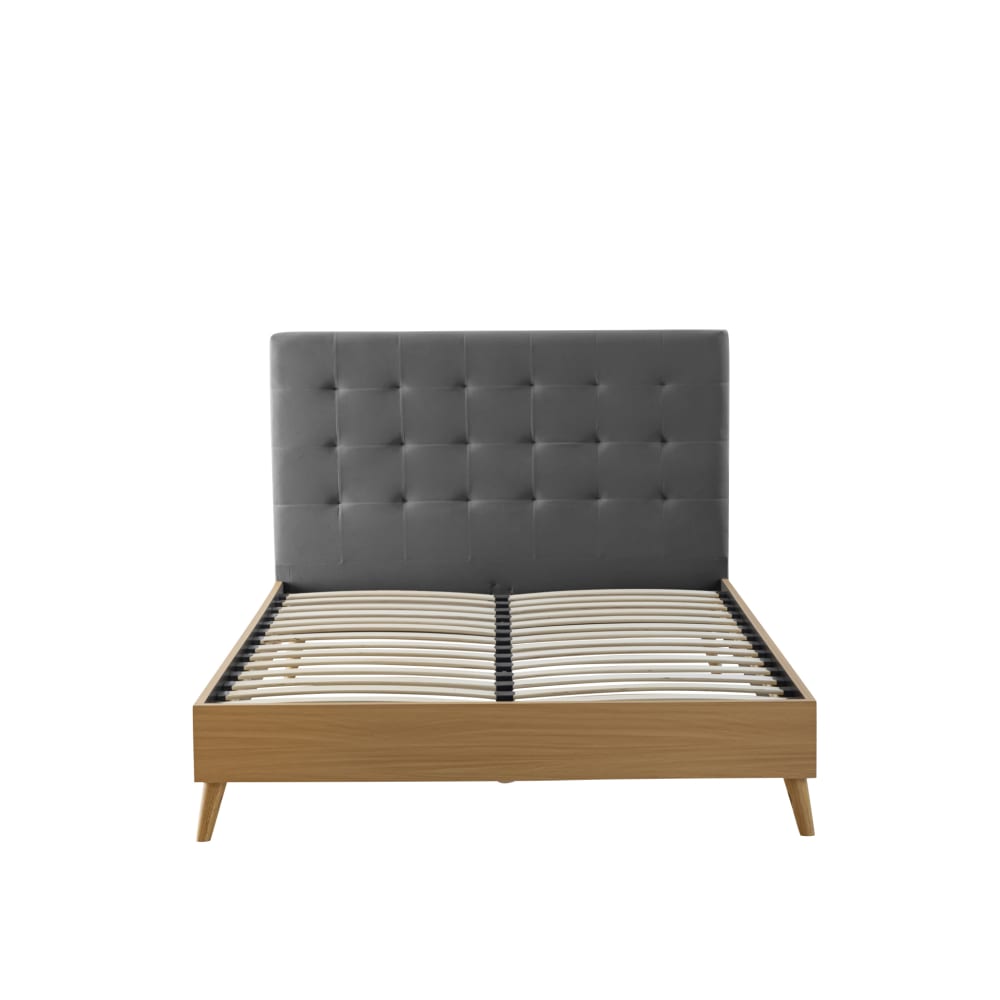 Lit 140x190 avec sommier et tête de lit capitonnée en velours gris
