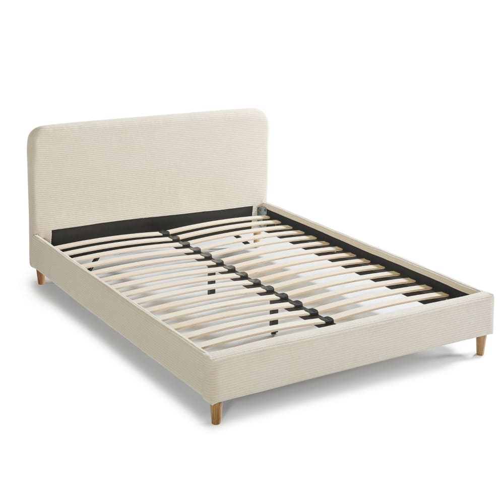 Lit 140x190 en velours côtelé avec pieds en bois écru